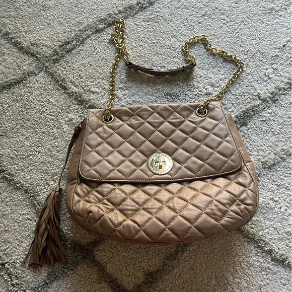 Isaac Mizrahi Quilted Leather Crossbody shoulder Bag Purse taupe brown - Picture 1 of 14
